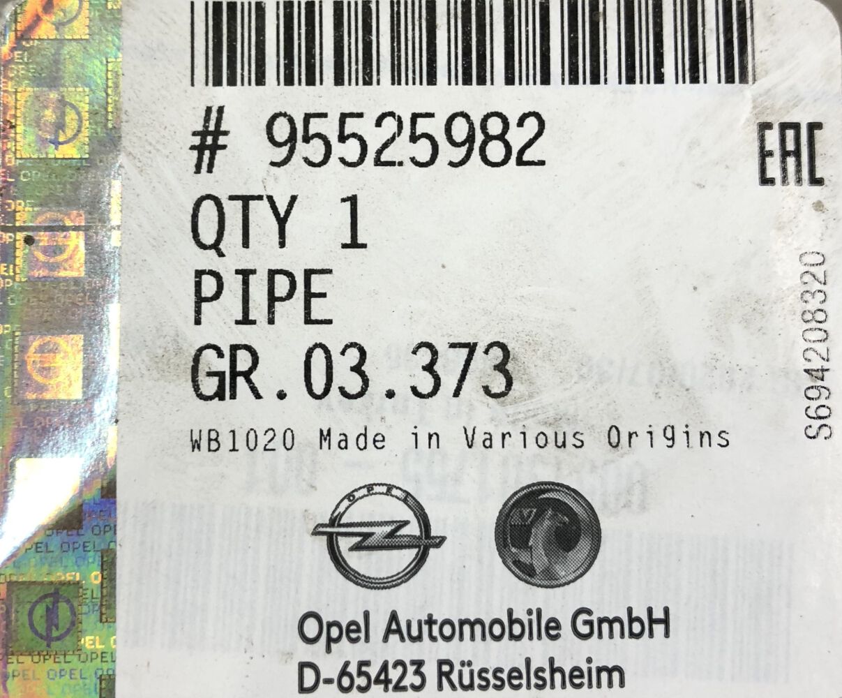 OPEL COMBO 1.6CDTI LADELUFTKÜHLERROHR NEU ORIGINAL 95525982 A7D 